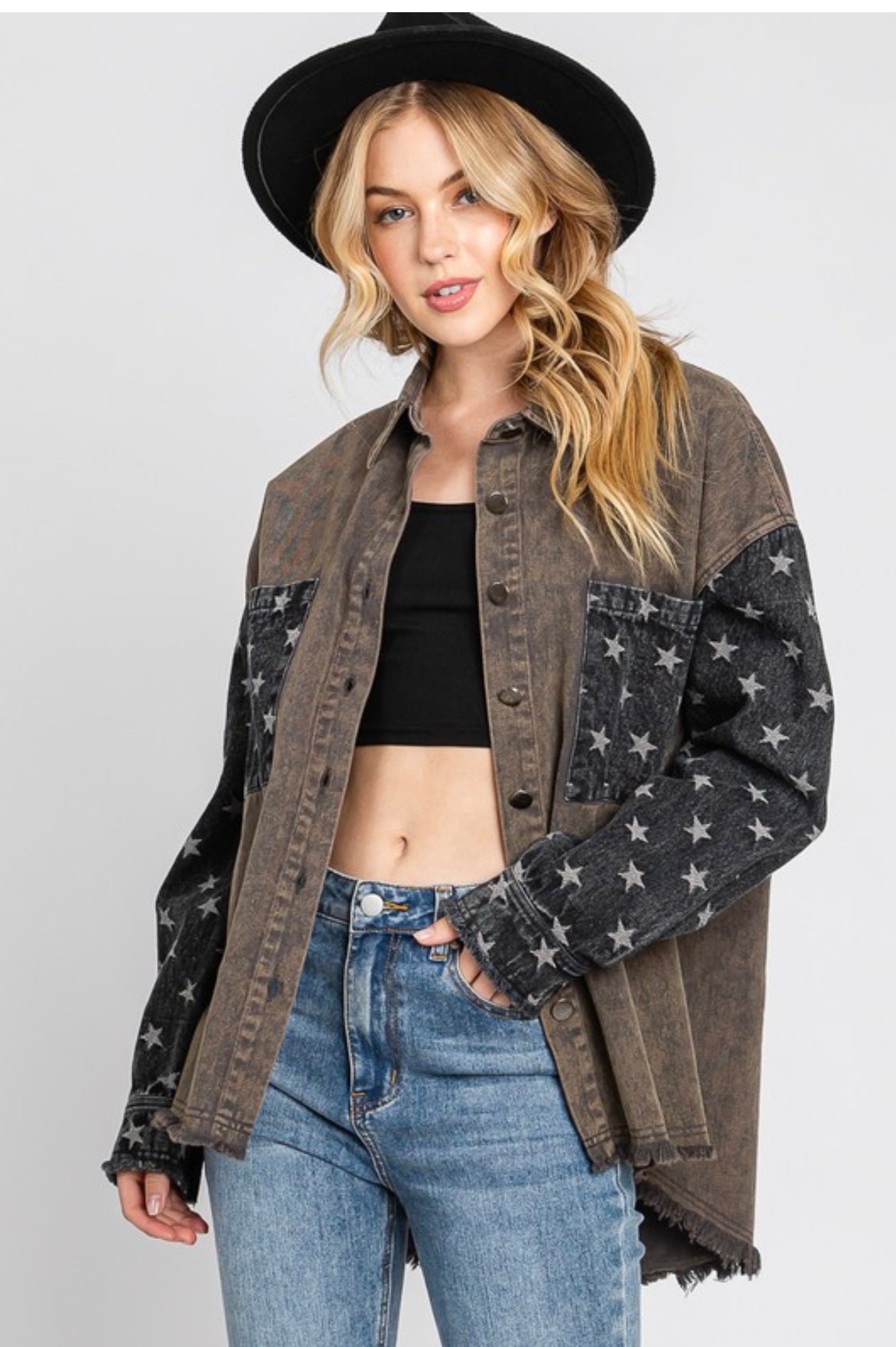 MINERAL WASH STAR SLEEVE SHACKET