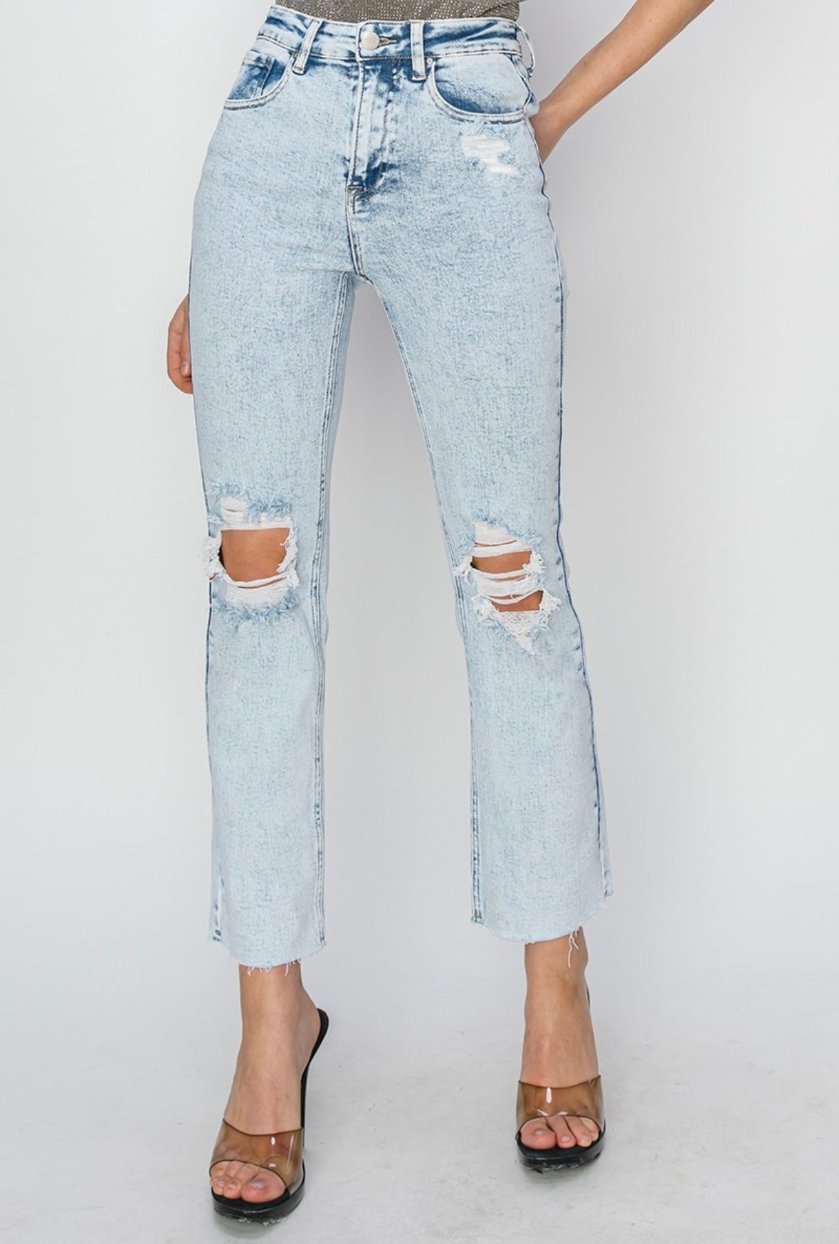 RISEN HIGH RISE DISTRESSED ANKLE JEANS