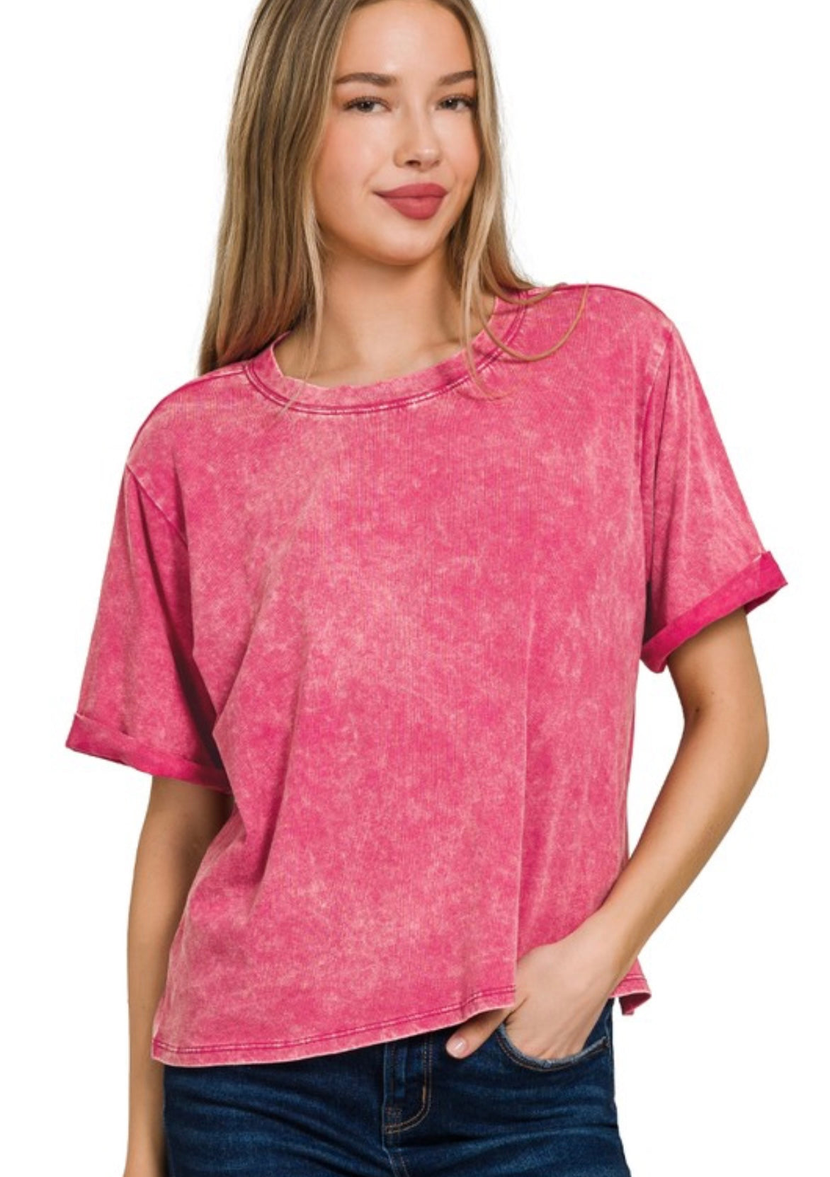 ACID WASH CUFFED CROP ASH PINK